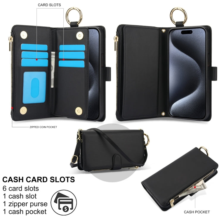 For iPhone 13 Pro Crossbody Ring Multifunctional Wallet Leather Phone Case(Black) - iPhone 13 Pro Cases by buy2fix | Online Shopping UK | buy2fix
