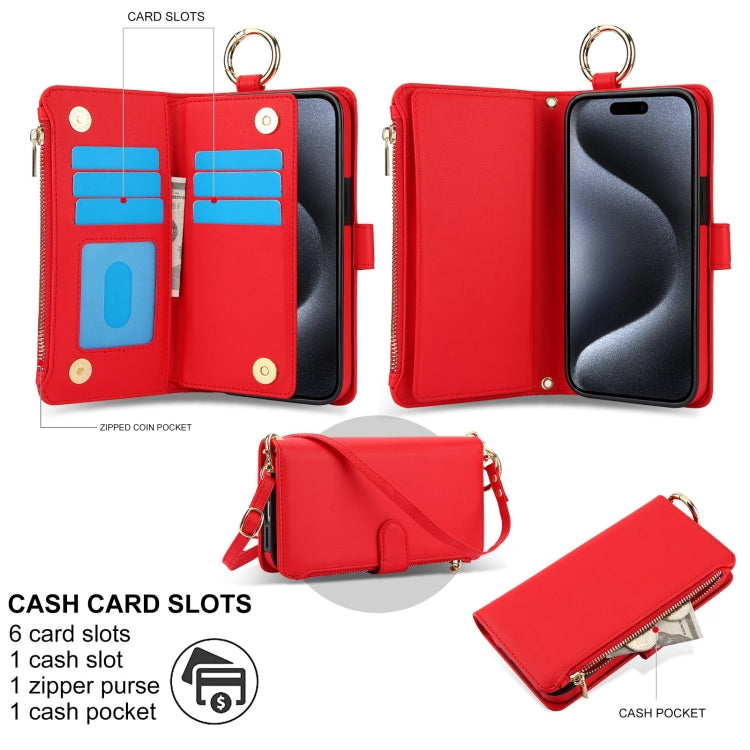 For iPhone 13 Pro Crossbody Ring Multifunctional Wallet Leather Phone Case(Red) - iPhone 13 Pro Cases by buy2fix | Online Shopping UK | buy2fix