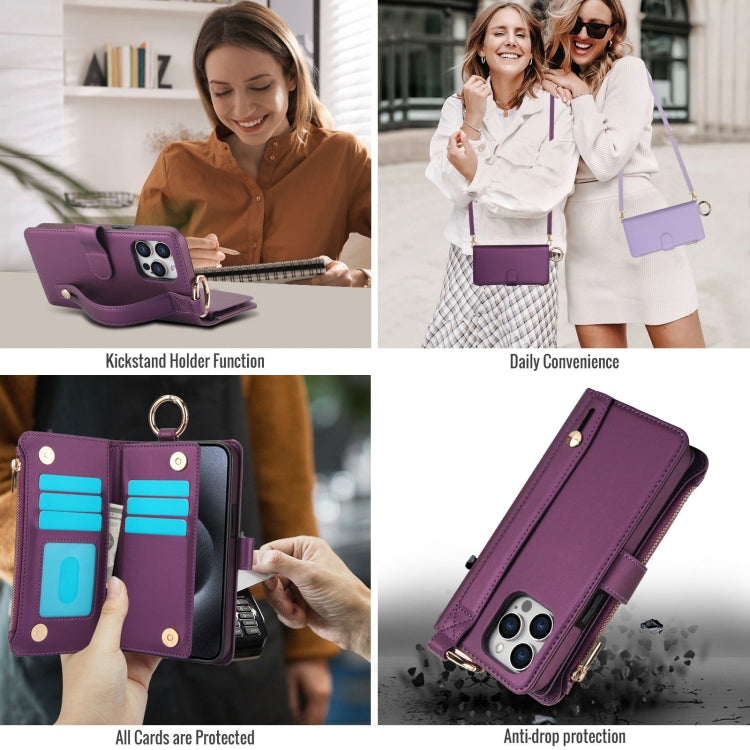 For iPhone 13 Pro Crossbody Ring Multifunctional Wallet Leather Phone Case(Dark Purple) - iPhone 13 Pro Cases by buy2fix | Online Shopping UK | buy2fix