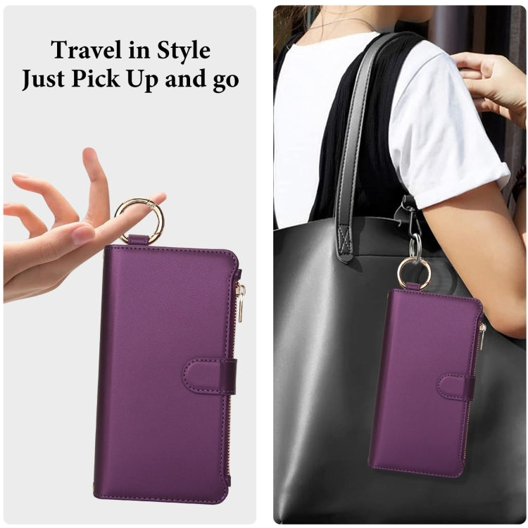 For iPhone 13 Pro Crossbody Ring Multifunctional Wallet Leather Phone Case(Dark Purple) - iPhone 13 Pro Cases by buy2fix | Online Shopping UK | buy2fix