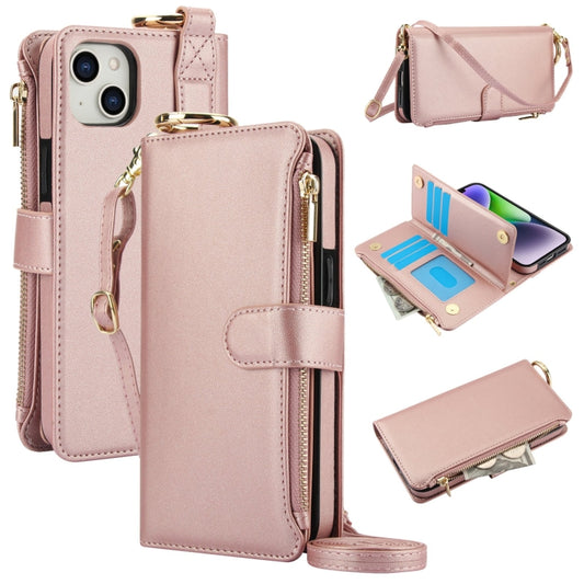 For iPhone 13 Crossbody Ring Multifunctional Wallet Leather Phone Case(Rose Gold) - iPhone 13 Cases by buy2fix | Online Shopping UK | buy2fix