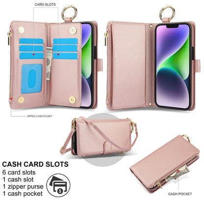For iPhone 13 Crossbody Ring Multifunctional Wallet Leather Phone Case(Rose Gold) - iPhone 13 Cases by buy2fix | Online Shopping UK | buy2fix