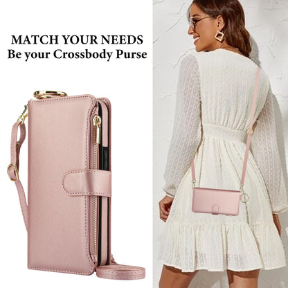 For iPhone 13 Crossbody Ring Multifunctional Wallet Leather Phone Case(Rose Gold) - iPhone 13 Cases by buy2fix | Online Shopping UK | buy2fix