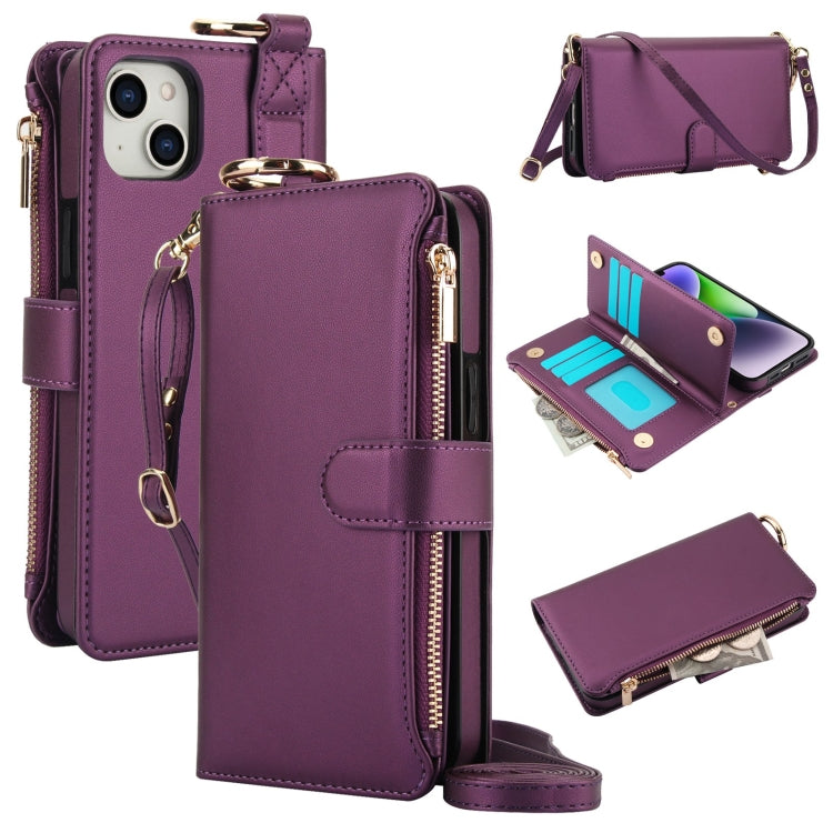 For iPhone 13 Crossbody Ring Multifunctional Wallet Leather Phone Case(Dark Purple) - iPhone 13 Cases by buy2fix | Online Shopping UK | buy2fix