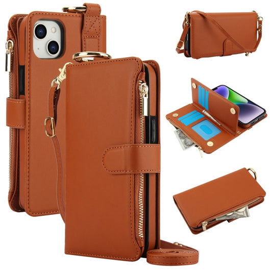 For iPhone 13 Crossbody Ring Multifunctional Wallet Leather Phone Case(Brown) - iPhone 13 Cases by buy2fix | Online Shopping UK | buy2fix