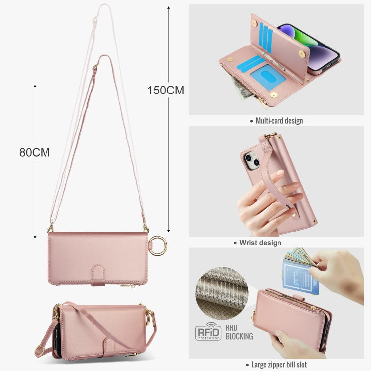 For iPhone 13 mini Crossbody Ring Multifunctional Wallet Leather Phone Case(Rose Gold) - iPhone 13 mini Cases by buy2fix | Online Shopping UK | buy2fix