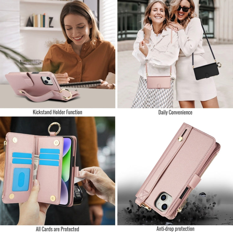 For iPhone 13 mini Crossbody Ring Multifunctional Wallet Leather Phone Case(Rose Gold) - iPhone 13 mini Cases by buy2fix | Online Shopping UK | buy2fix