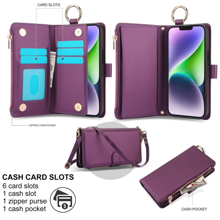 For iPhone 13 mini Crossbody Ring Multifunctional Wallet Leather Phone Case(Dark Purple) - iPhone 13 mini Cases by buy2fix | Online Shopping UK | buy2fix