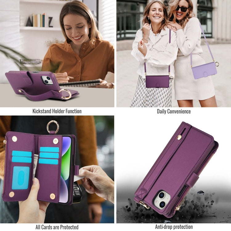 For iPhone 13 mini Crossbody Ring Multifunctional Wallet Leather Phone Case(Dark Purple) - iPhone 13 mini Cases by buy2fix | Online Shopping UK | buy2fix