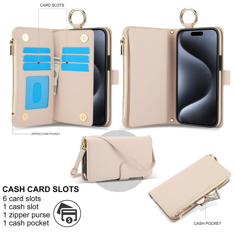 For iPhone 12 / 12 Pro Crossbody Ring Multifunctional Wallet Leather Phone Case(White) - iPhone 12 / 12 Pro Cases by buy2fix | Online Shopping UK | buy2fix