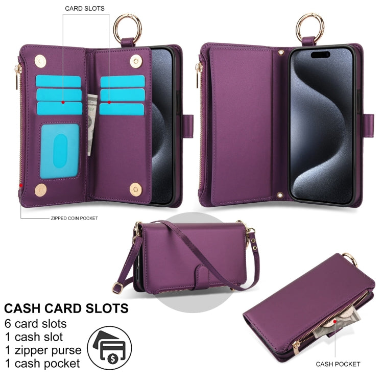 For iPhone 12 / 12 Pro Crossbody Ring Multifunctional Wallet Leather Phone Case(Dark Purple) - iPhone 12 / 12 Pro Cases by buy2fix | Online Shopping UK | buy2fix