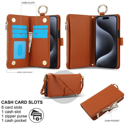 For iPhone 12 / 12 Pro Crossbody Ring Multifunctional Wallet Leather Phone Case(Brown) - iPhone 12 / 12 Pro Cases by buy2fix | Online Shopping UK | buy2fix
