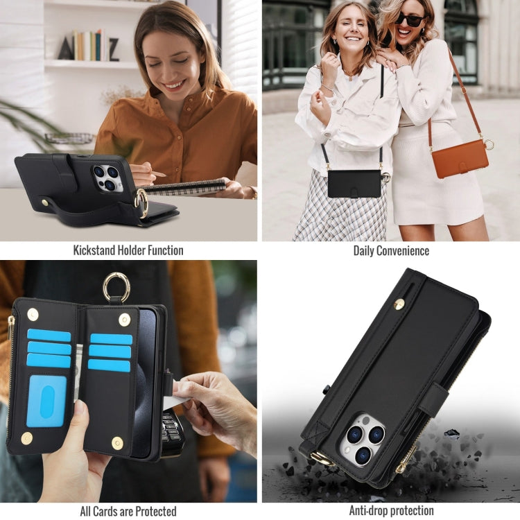 For iPhone 12 Pro Max Crossbody Ring Multifunctional Wallet Leather Phone Case(Black) - iPhone 12 Pro Max Cases by buy2fix | Online Shopping UK | buy2fix