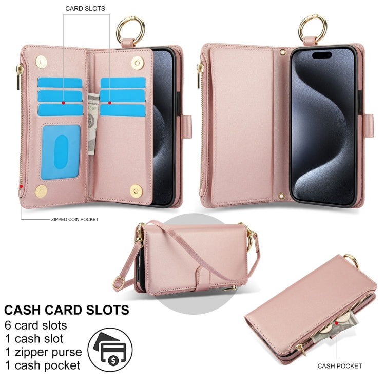 For iPhone 12 Pro Max Crossbody Ring Multifunctional Wallet Leather Phone Case(Rose Gold) - iPhone 12 Pro Max Cases by buy2fix | Online Shopping UK | buy2fix