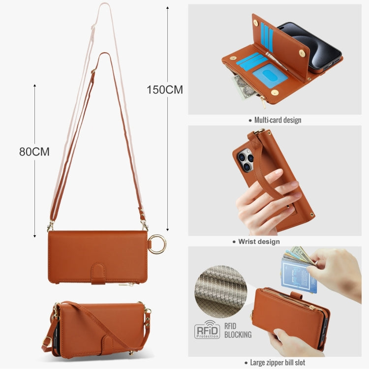 For iPhone 12 Pro Max Crossbody Ring Multifunctional Wallet Leather Phone Case(Brown) - iPhone 12 Pro Max Cases by buy2fix | Online Shopping UK | buy2fix