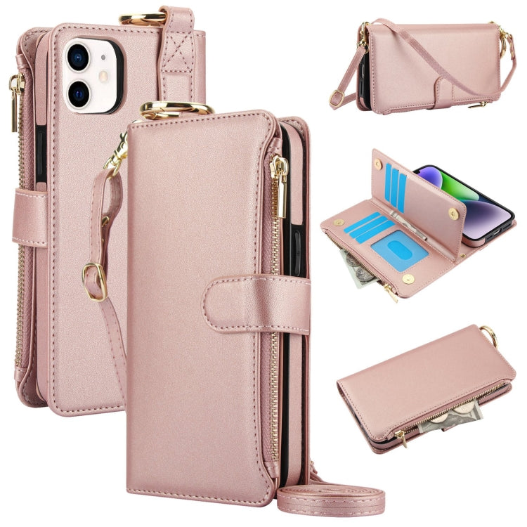 For iPhone 11 Crossbody Ring Multifunctional Wallet Leather Phone Case(Rose Gold) - iPhone 11 Cases by buy2fix | Online Shopping UK | buy2fix
