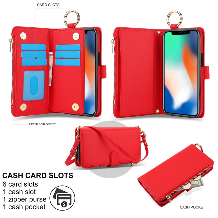 For iPhone X / XS Crossbody Ring Multifunctional Wallet Leather Phone Case(Red) - More iPhone Cases by buy2fix | Online Shopping UK | buy2fix