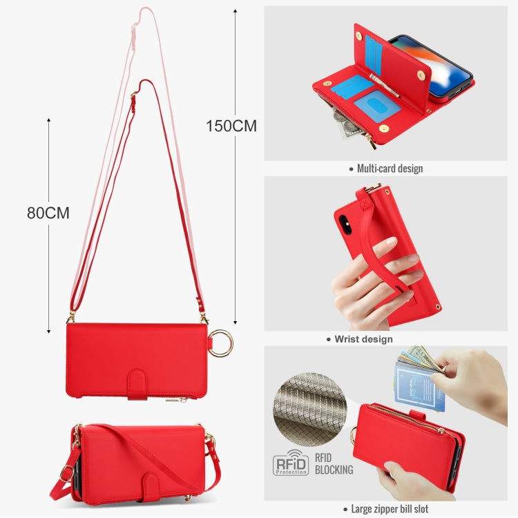 For iPhone X / XS Crossbody Ring Multifunctional Wallet Leather Phone Case(Red) - More iPhone Cases by buy2fix | Online Shopping UK | buy2fix