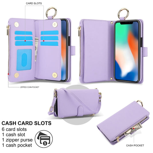 For iPhone X / XS Crossbody Ring Multifunctional Wallet Leather Phone Case(Purple) - More iPhone Cases by buy2fix | Online Shopping UK | buy2fix