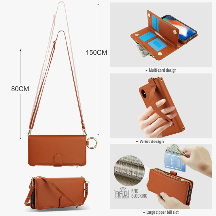 For iPhone X / XS Crossbody Ring Multifunctional Wallet Leather Phone Case(Brown) - More iPhone Cases by buy2fix | Online Shopping UK | buy2fix