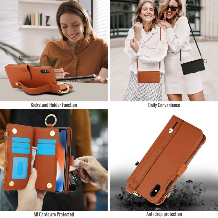 For iPhone X / XS Crossbody Ring Multifunctional Wallet Leather Phone Case(Brown) - More iPhone Cases by buy2fix | Online Shopping UK | buy2fix