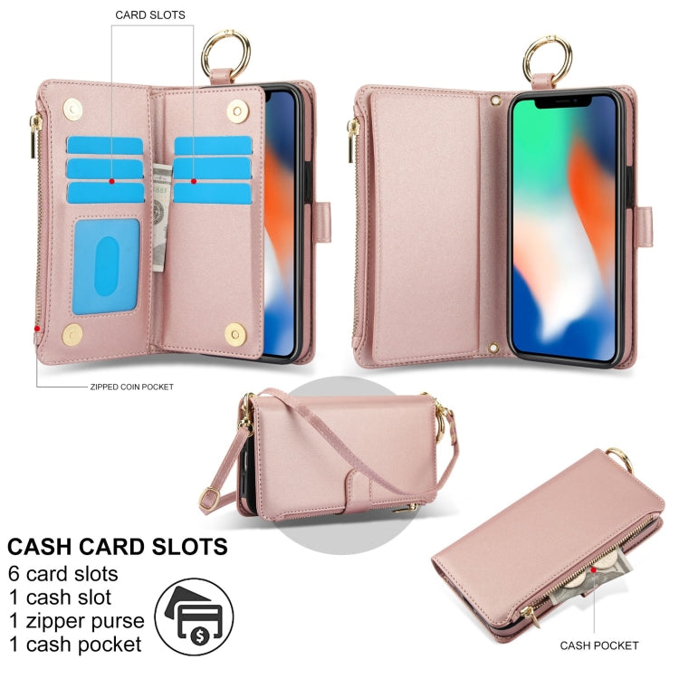 For iPhone XR Crossbody Ring Multifunctional Wallet Leather Phone Case(Rose Gold) - More iPhone Cases by buy2fix | Online Shopping UK | buy2fix