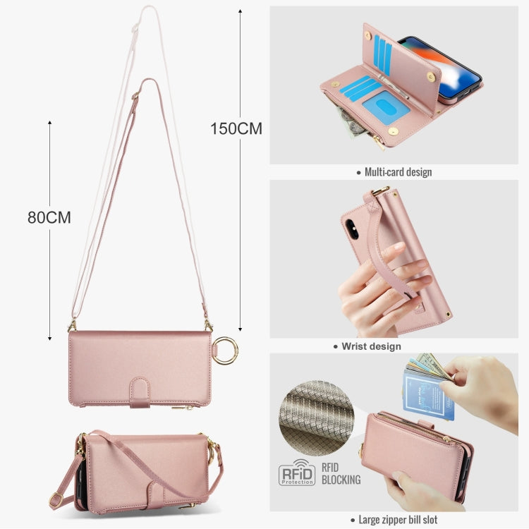 For iPhone XR Crossbody Ring Multifunctional Wallet Leather Phone Case(Rose Gold) - More iPhone Cases by buy2fix | Online Shopping UK | buy2fix