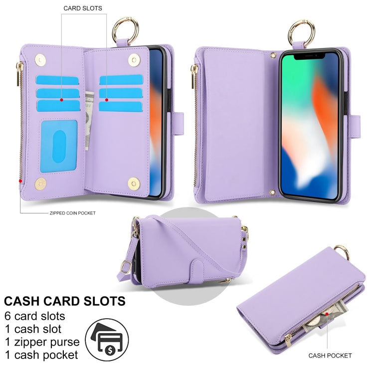 For iPhone XR Crossbody Ring Multifunctional Wallet Leather Phone Case(Purple) - More iPhone Cases by buy2fix | Online Shopping UK | buy2fix