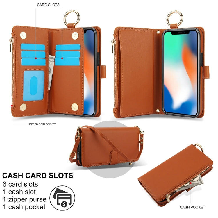 For iPhone XR Crossbody Ring Multifunctional Wallet Leather Phone Case(Brown) - More iPhone Cases by buy2fix | Online Shopping UK | buy2fix