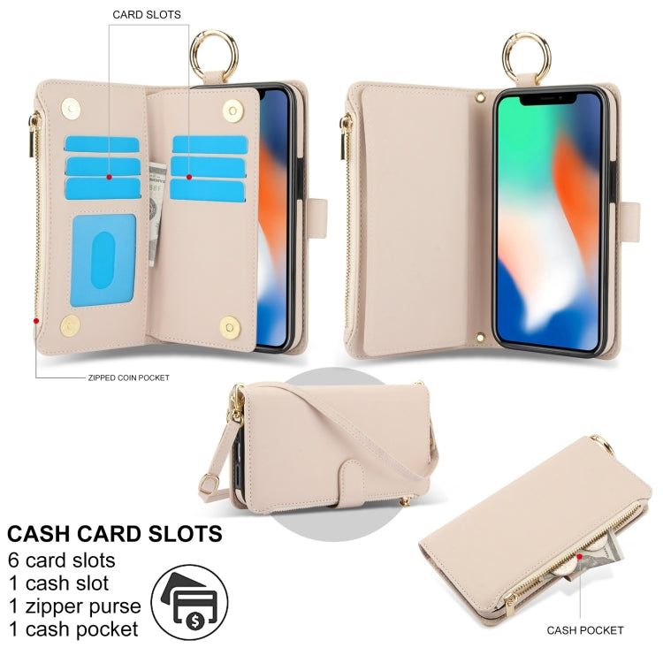For iPhone XS Max Crossbody Ring Multifunctional Wallet Leather Phone Case(White) - More iPhone Cases by buy2fix | Online Shopping UK | buy2fix