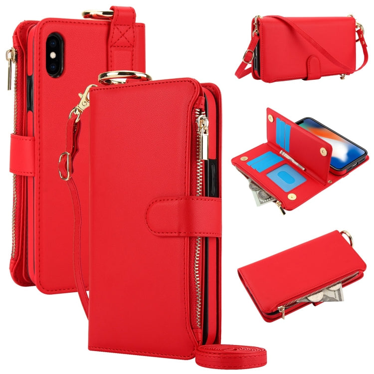 For iPhone XS Max Crossbody Ring Multifunctional Wallet Leather Phone Case(Red) - More iPhone Cases by buy2fix | Online Shopping UK | buy2fix