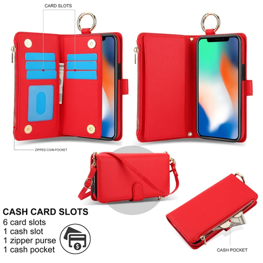 For iPhone XS Max Crossbody Ring Multifunctional Wallet Leather Phone Case(Red) - More iPhone Cases by buy2fix | Online Shopping UK | buy2fix