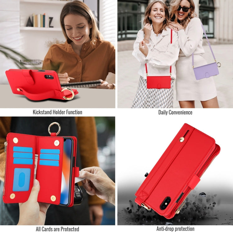 For iPhone XS Max Crossbody Ring Multifunctional Wallet Leather Phone Case(Red) - More iPhone Cases by buy2fix | Online Shopping UK | buy2fix