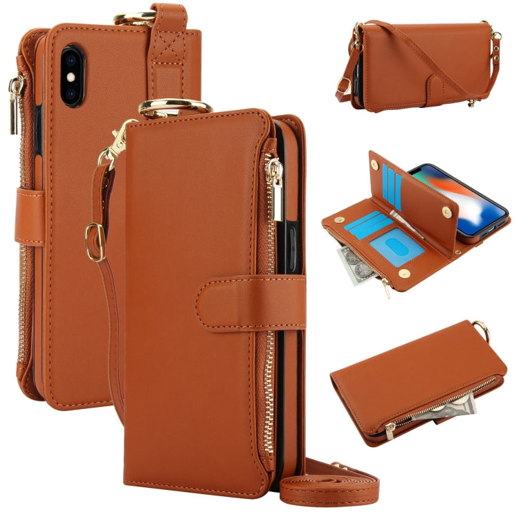 For iPhone XS Max Crossbody Ring Multifunctional Wallet Leather Phone Case(Brown) - More iPhone Cases by buy2fix | Online Shopping UK | buy2fix