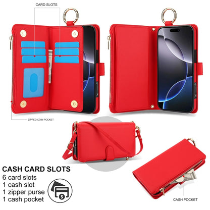 For iPhone 16 Pro Crossbody Ring Multifunctional Wallet Leather Phone Case(Red) - More iPhone Cases by buy2fix | Online Shopping UK | buy2fix