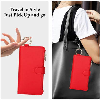 For iPhone 16 Pro Crossbody Ring Multifunctional Wallet Leather Phone Case(Red) - More iPhone Cases by buy2fix | Online Shopping UK | buy2fix