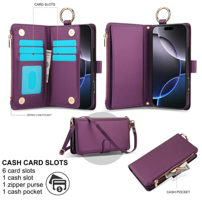 For iPhone 16 Pro Crossbody Ring Multifunctional Wallet Leather Phone Case(Dark Purple) by buy2fix