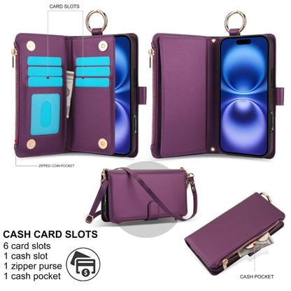 For iPhone 16 Plus Crossbody Ring Multifunctional Wallet Leather Phone Case(Dark Purple) - iPhone 16 Plus Cases by buy2fix | Online Shopping UK | buy2fix