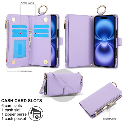 For iPhone 16 Plus Crossbody Ring Multifunctional Wallet Leather Phone Case(Purple) - iPhone 16 Plus Cases by buy2fix | Online Shopping UK | buy2fix