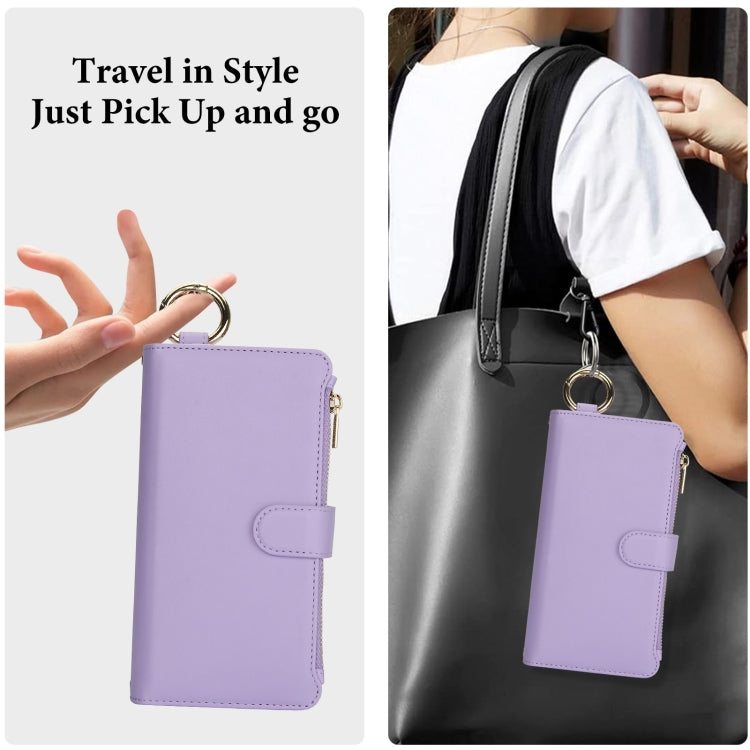 For iPhone 16 Plus Crossbody Ring Multifunctional Wallet Leather Phone Case(Purple) - iPhone 16 Plus Cases by buy2fix | Online Shopping UK | buy2fix