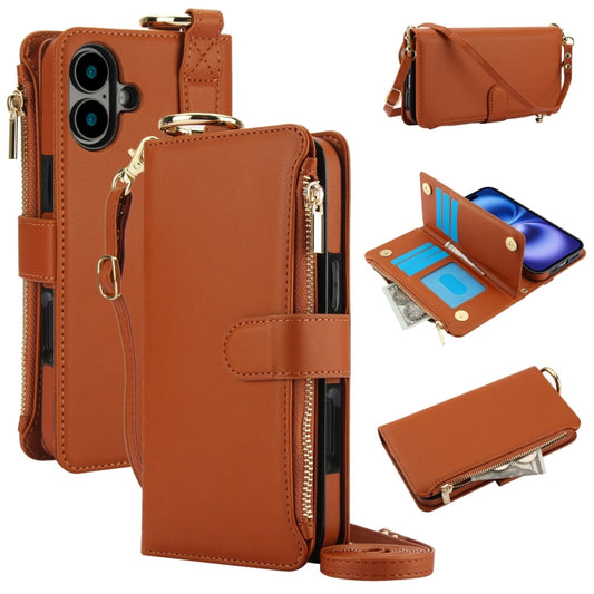 For iPhone 16 Plus Crossbody Ring Multifunctional Wallet Leather Phone Case(Brown) - iPhone 16 Plus Cases by buy2fix | Online Shopping UK | buy2fix