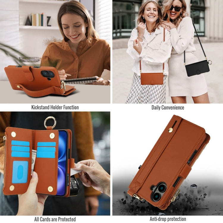 For iPhone 16 Plus Crossbody Ring Multifunctional Wallet Leather Phone Case(Brown) - iPhone 16 Plus Cases by buy2fix | Online Shopping UK | buy2fix