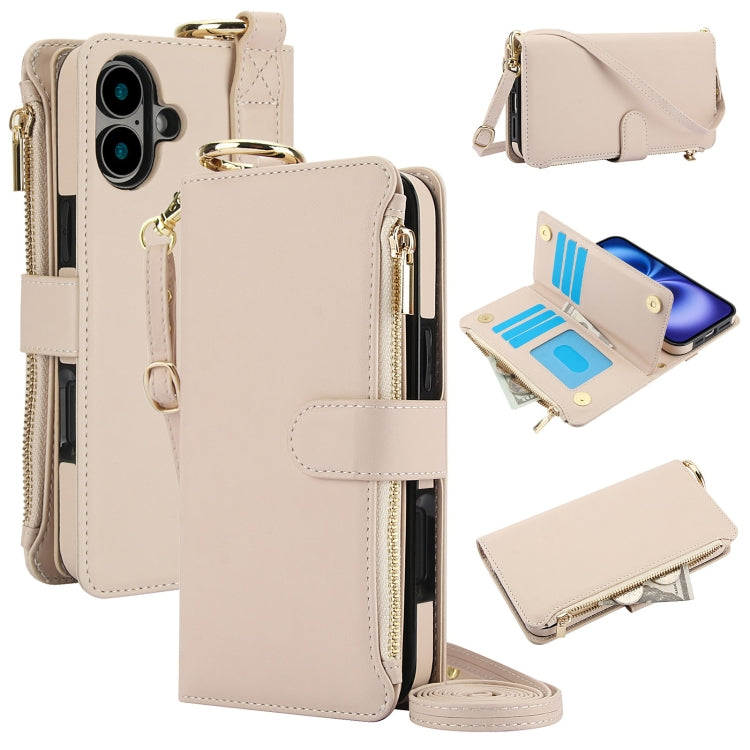 For iPhone 16 Crossbody Ring Multifunctional Wallet Leather Phone Case(White) - iPhone 16 Cases by buy2fix | Online Shopping UK | buy2fix