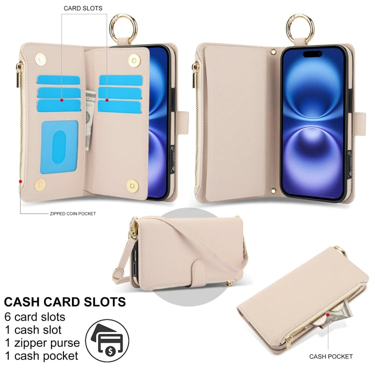 For iPhone 16 Crossbody Ring Multifunctional Wallet Leather Phone Case(White) - iPhone 16 Cases by buy2fix | Online Shopping UK | buy2fix