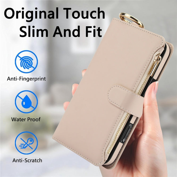 For iPhone 16 Crossbody Ring Multifunctional Wallet Leather Phone Case(White) - iPhone 16 Cases by buy2fix | Online Shopping UK | buy2fix