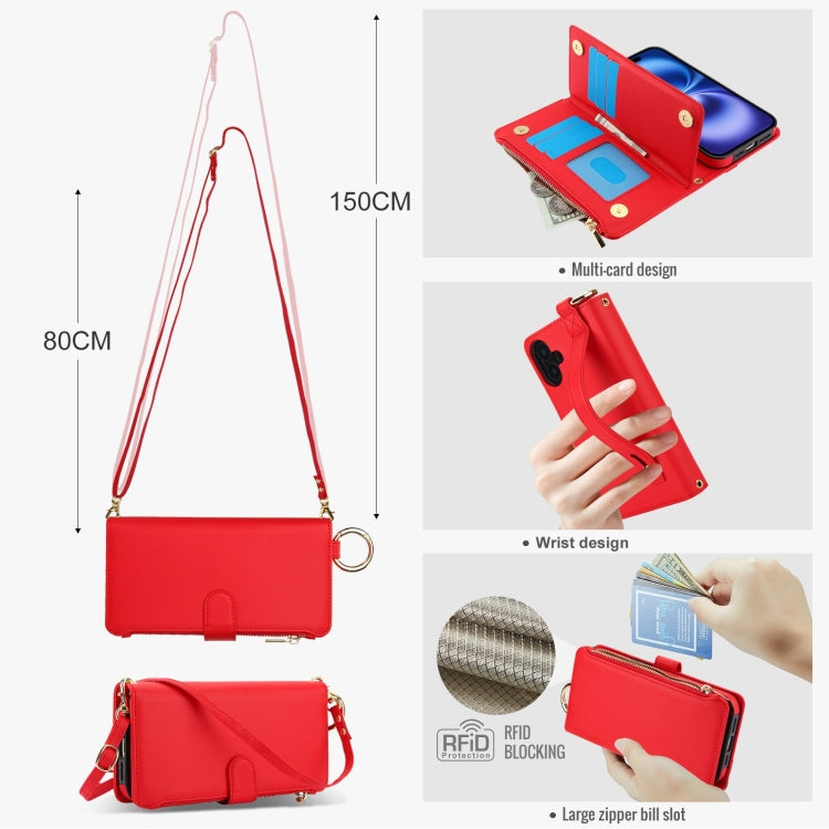 For iPhone 16 Crossbody Ring Multifunctional Wallet Leather Phone Case(Red) - iPhone 16 Cases by buy2fix | Online Shopping UK | buy2fix