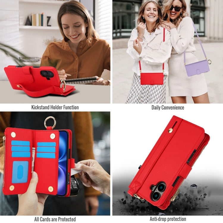 For iPhone 16 Crossbody Ring Multifunctional Wallet Leather Phone Case(Red) - iPhone 16 Cases by buy2fix | Online Shopping UK | buy2fix