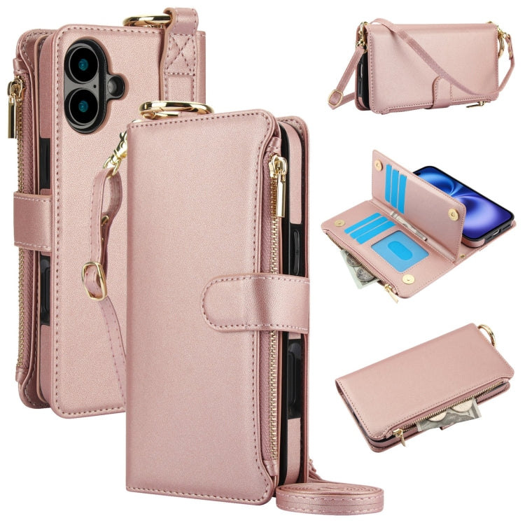 For iPhone 16 Crossbody Ring Multifunctional Wallet Leather Phone Case(Rose Gold) by buy2fix