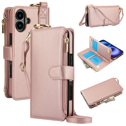 For iPhone 16 Crossbody Ring Multifunctional Wallet Leather Phone Case(Rose Gold) by buy2fix