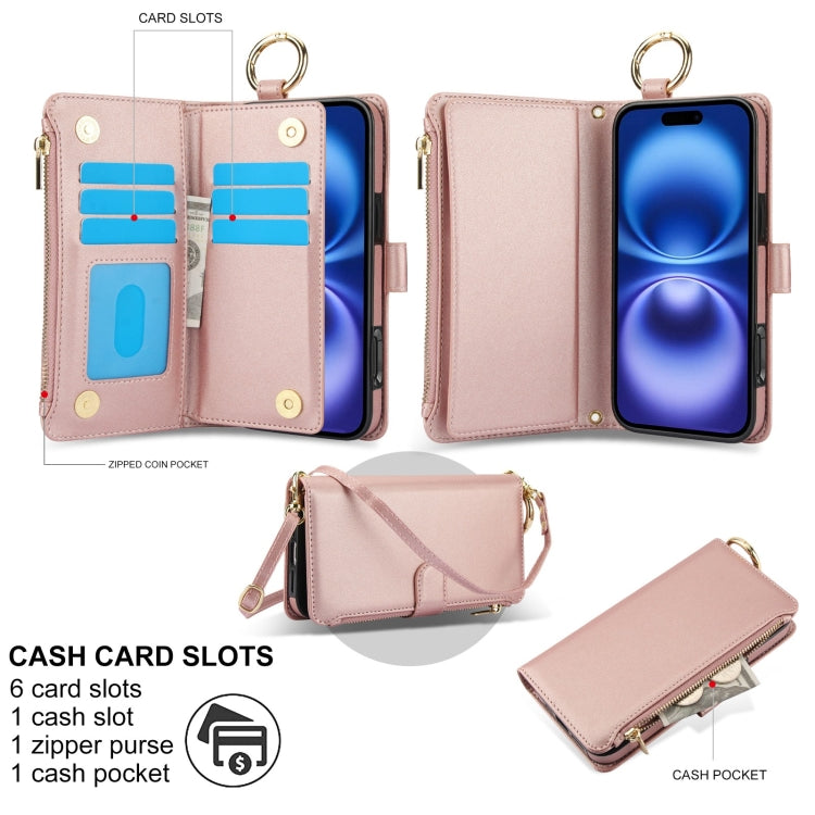 For iPhone 16 Crossbody Ring Multifunctional Wallet Leather Phone Case(Rose Gold) by buy2fix
